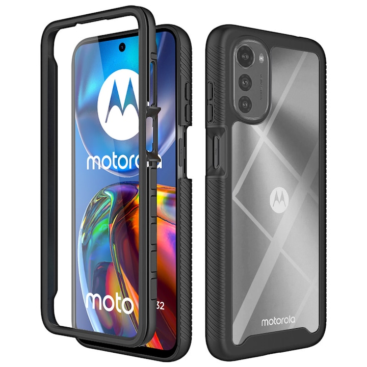 Калъф, съвместим с Motorola Moto E32 / E32s, включен протектор за екран, 360-градусова защита, черен