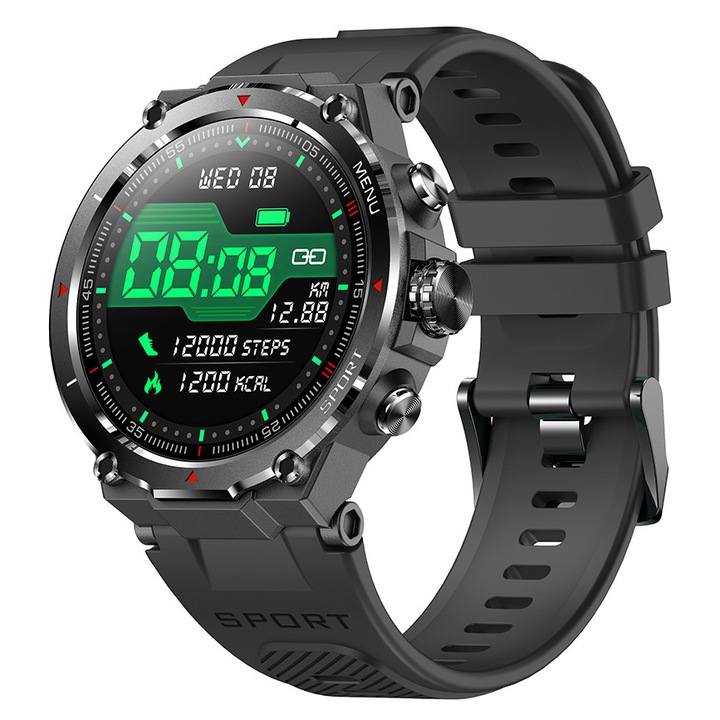 Smartwatch Techmoon, 1.32" Full Touch, Bluetooth разговори, SMS/известия в социални медии, Мониторинг на физическа активност/сън/сърдечен ритъм/SpO2 оксиметър, Батерия 300 mAh, Черен