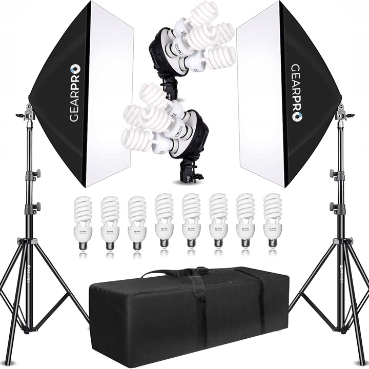 Softbox folyamatos fénykészlet, GearPro, fényképezéshez, 50x70, E27, 8x45W