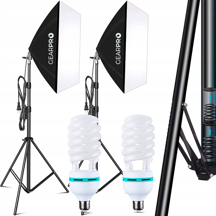 Set Softbox, GearPro, 2x 150W, 50x70 cm, 2 Lampi, 2 Trepiede, 2 Difuzoare, 5500K Lumina Continua, Pentru Fotografie Si Filmare, Capacitate De Incarcare Pana La 8 Kg, Negru/Argint