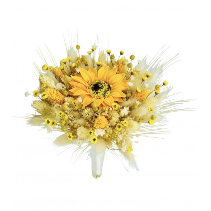 Buchet de Flori Personalizabil Eventissimi - Plante Uscate, Mic, Predominant Galben, cu floarea soarelui din foita de sapun
