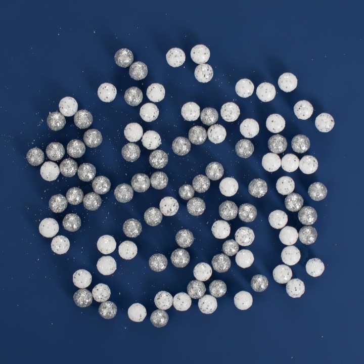 Bile Decorative Craciun, Glitter, Set 10g, Culoare Alb Argintiu, Marime 1cm, Material Spuma