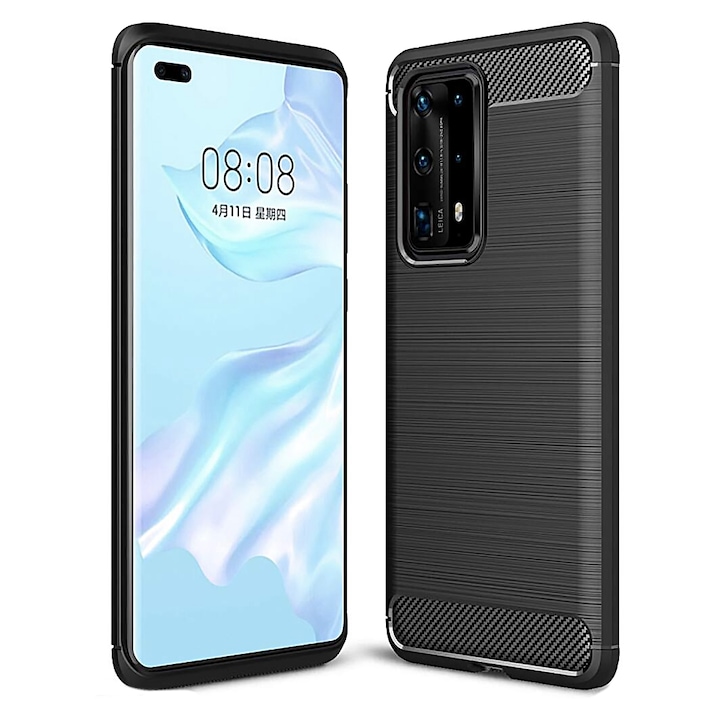 Карбоново покритие, съвместимо с Huawei P40 Pro, нов дизайн Carbon, Optim Tech Ultra Protect, черен