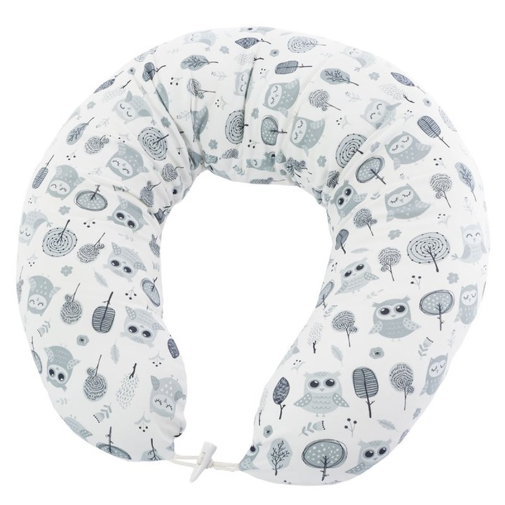 Perna pentru alaptare, Eurobaby, 68x68cm, Bufnite, Bumbac, Gri/Alb