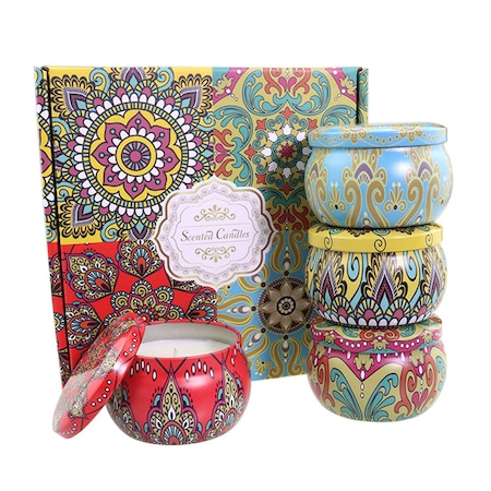 Set 4 lumanari aromoterapie, Ceara de soia, Trandafir/Menta/Vanilie/Lamaie, Multicolor