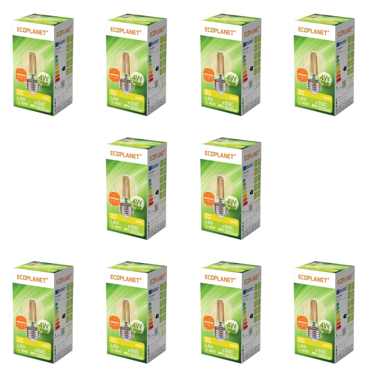 Set 10 Buc - Bec Led G45 glob mic sferic filament Ecoplanet Vintage, E27, 4w (40w), 460 lm, E, lumina calda 3000K, Transparent Ambra Auriu