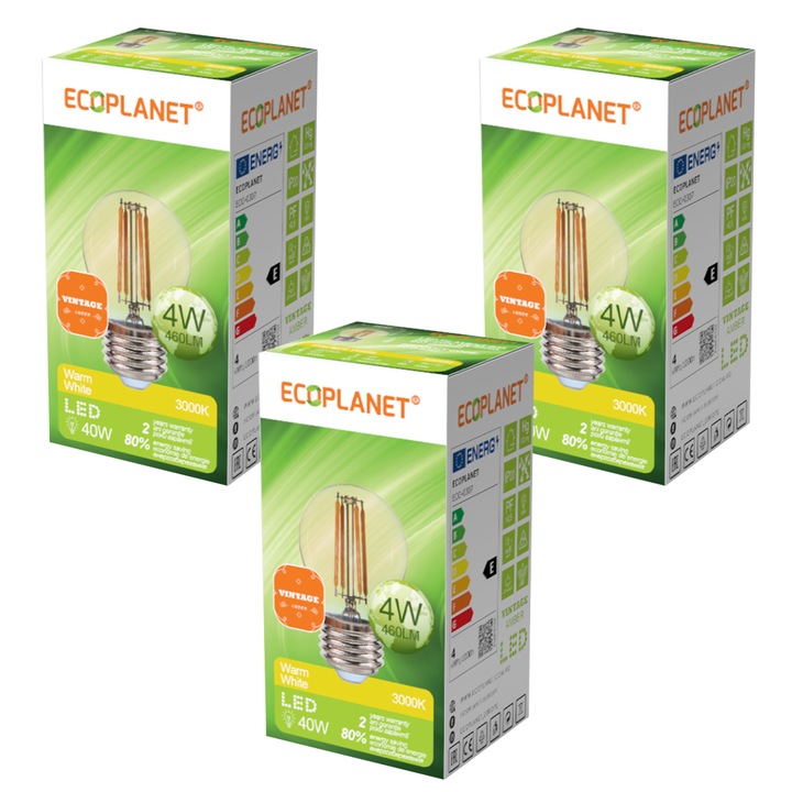 Комплект от 3 броя - LED крушка G45 малък сферичен глобус Ecoplanet Vintage filament, E27, 4W (40W), 460 LM, E, топла светлина 3000K, прозрачен златен кехлибар