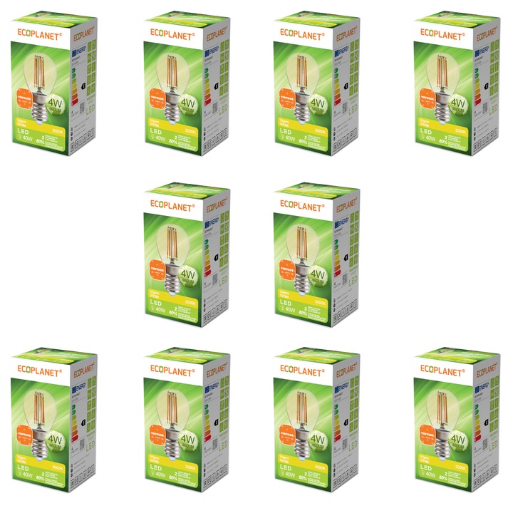 Комплект от 10 броя - LED крушка G45 малък сферичен глобус Ecoplanet Vintage filament, E14, 4W (40W), 460 LM, E, топла светлина 3000K, прозрачен златен кехлибар