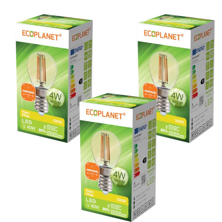 Set 3 Buc - Bec LED G45 glob mic sferic filament Ecoplanet Vintage, E14, 4W (40W), 460 LM, E, lumina calda 3000K, Transparent Ambra Auriu