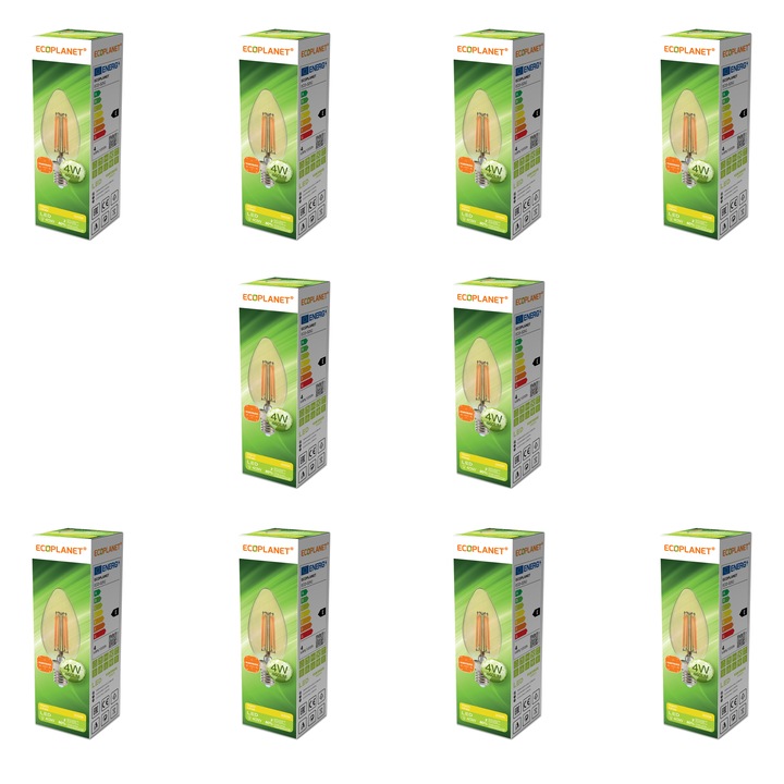 Set 10 Buc - Bec LED C35 lumanare filament Ecoplanet Vintage, E14, 4W (40W), 460 LM, E, lumina calda 3000K, Transparent Ambra Auriu