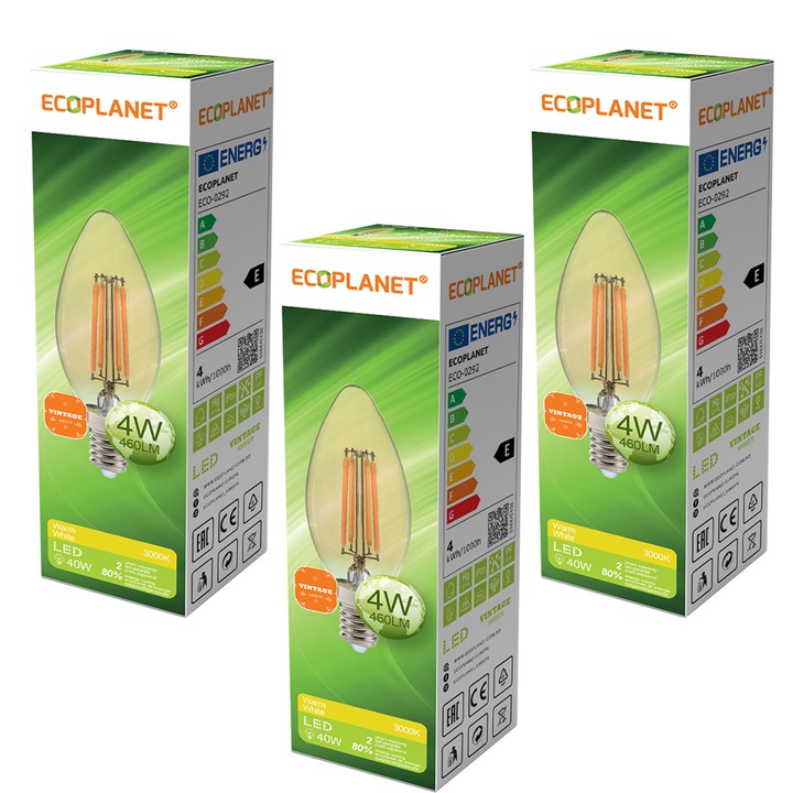 Комплект от 3 броя - LED крушка C35 филаментна свещ Ecoplanet Vintage, E14, 4W (40W), 460 LM, E, топла светлина 3000K, прозрачен златен кехлибар