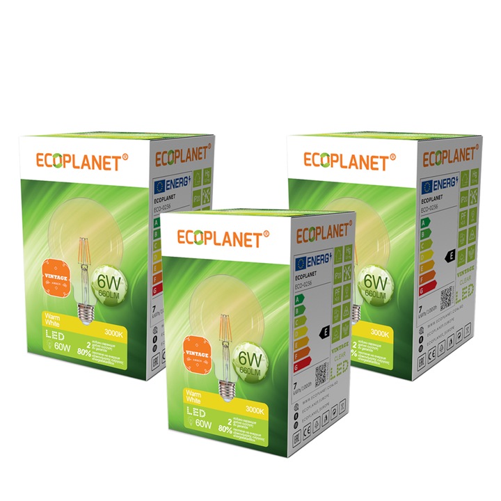 Set 3 Buc - Bec LED G125 filament Ecoplanet Vintage, E27, 6W (60W), 660 LM, E, lumina calda 3000K, Transparent Ambra Auriu