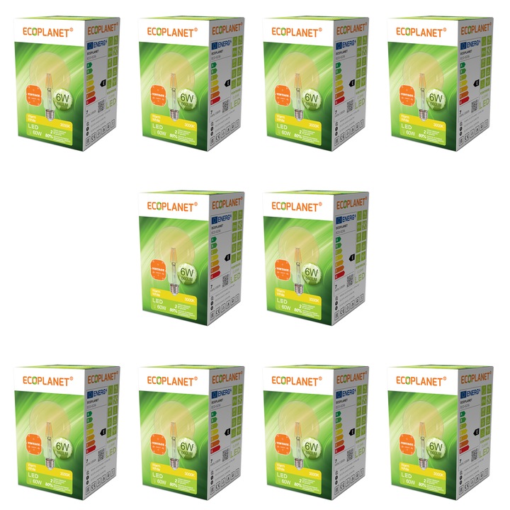 Комплект от 10 броя - LED крушка G125 с нажежаема жичка Ecoplanet Vintage, E27, 6W (60W), 660 LM, E, топла светлина 3000K, прозрачен златен кехлибар