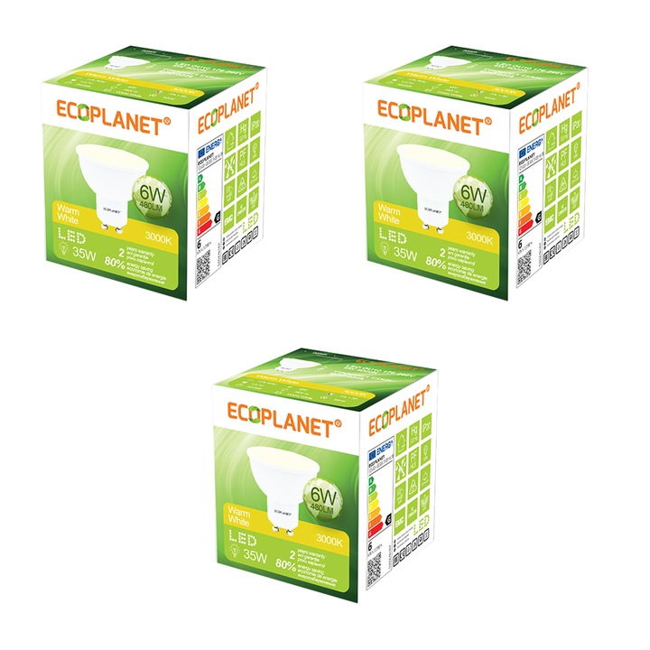 Set 3 Buc - Bec Led Ecoplanet GU10, 6w (35w), 480lm, G, lumina calda 3000K, Mat