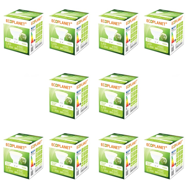 Комплект от 10 - Ecoplanet GU10 LED крушка, 6W (35W), 480LM, G, неутрална светлина 4000K, мат