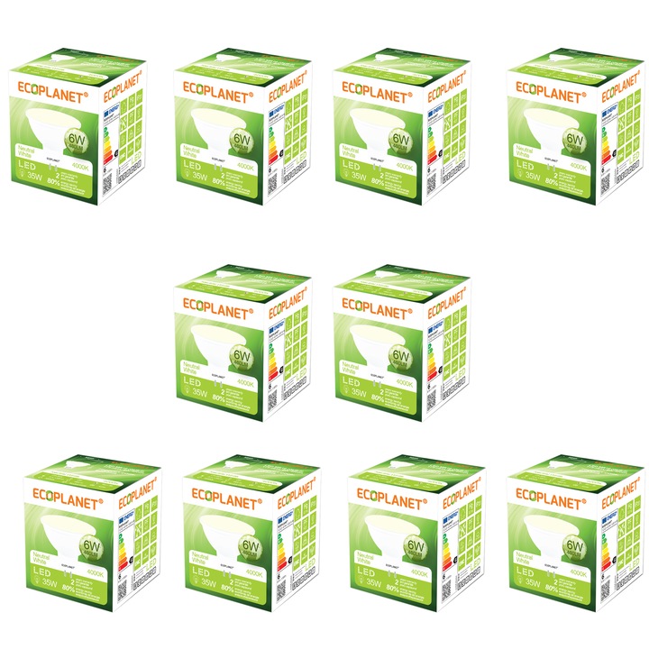 Комплект от 10 броя - LED крушка Ecoplanet MR16/GU5.3, 6W (35W), 480 LM, G, неутрална светлина 4000K, мат