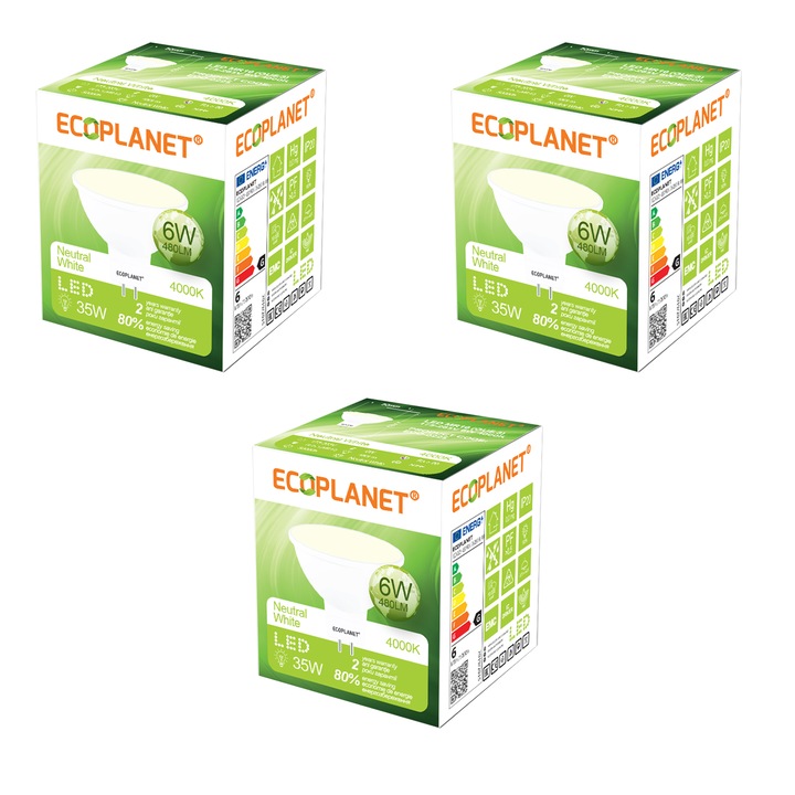 Комплект от 3 броя - LED крушка Ecoplanet MR16/GU5.3, 6W (35W), 480 LM, G, неутрална светлина 4000K, мат