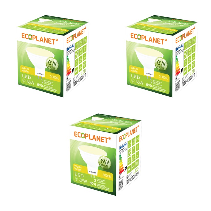 Set 3 Buc - Bec LED Ecoplanet MR16/GU5.3, 6W (35W), 480 LM, G, lumina calda 3000K, Mat