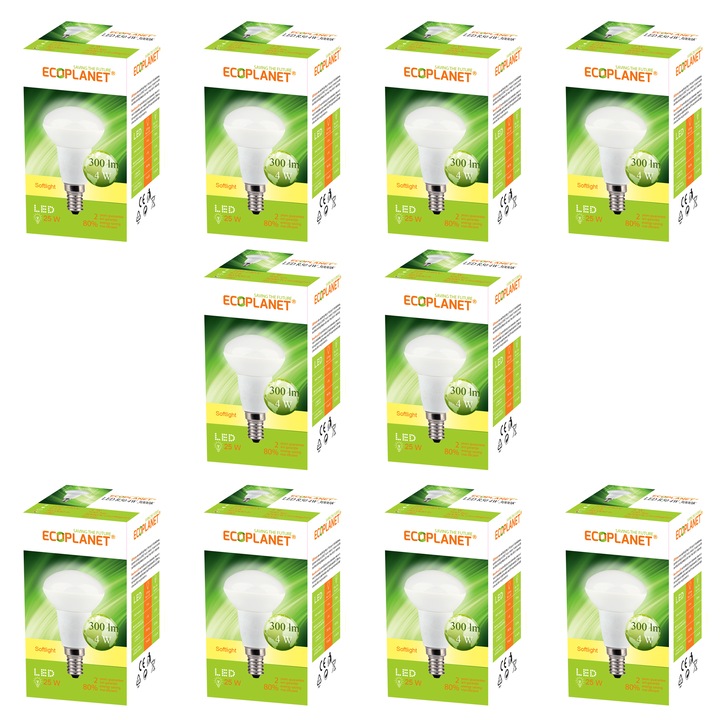 Комплект от 10 броя - LED крушка Ecoplanet рефлектор R50, E14, 4W (25W), 300 LM, G, топла светлина 3000K, мат