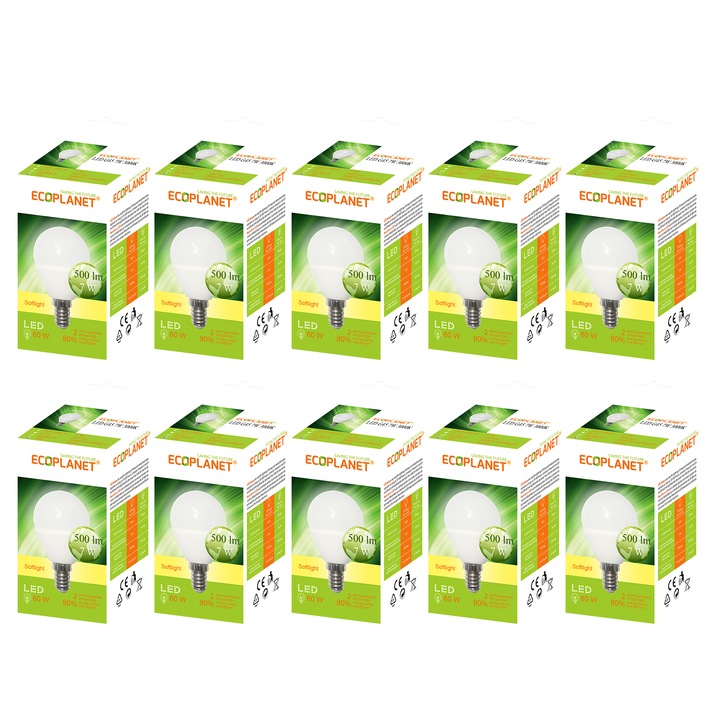 Комплект от 10 броя - LED крушка Ecoplanet small globe G45, E14, 7W (60W), 630 LM, F, топла светлина 3000K, мат