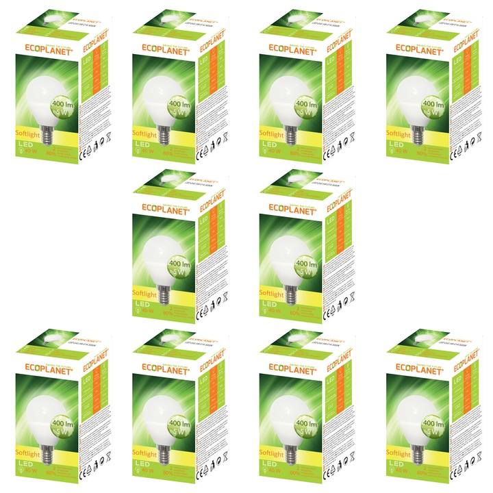 Комплект от 10 - LED крушка Ecoplanet, малък глобус G45, 5W (40W), F, топла светлина 3000K, 220v, E14