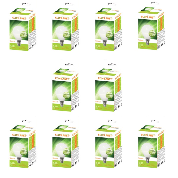 Комплект от 10 броя, Led крушка, Ecoplanet, малък глобус, G45 230V 5W (40W), F, неутрална светлина 4000K, E14