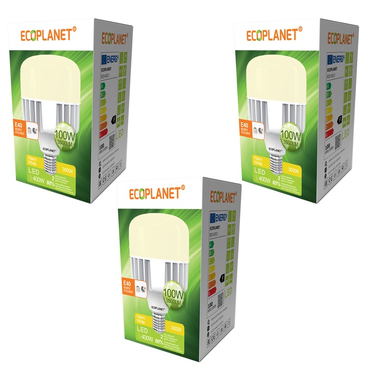 Set 3 Buc - Bec LED Ecoplanet T140 forma cilindrica, E27, 100W (400W), 9500 LM, F, lumina calda 3000K, Mat