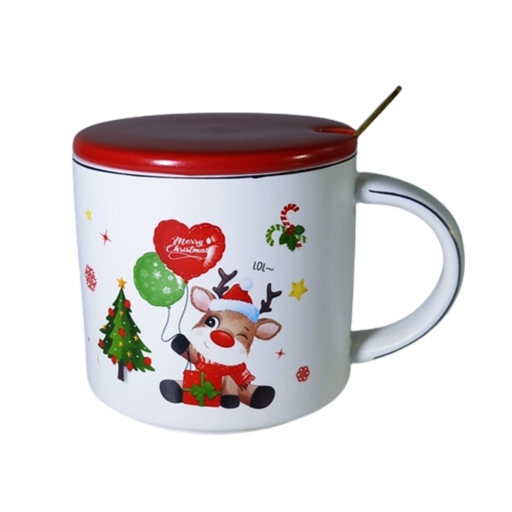 Cana cu lingurita si capac, model Ren, Christmas, 300ml, Multicolor