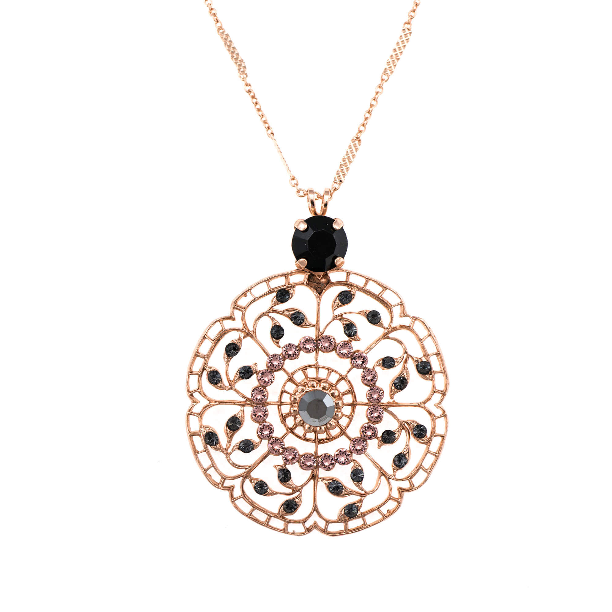 Pandantiv cu lant placat cu Aur roz de 24K, Cristale, Black Velvet by Roxannes - Mariana Jewellery, Negru/Gri 5210-1073RG