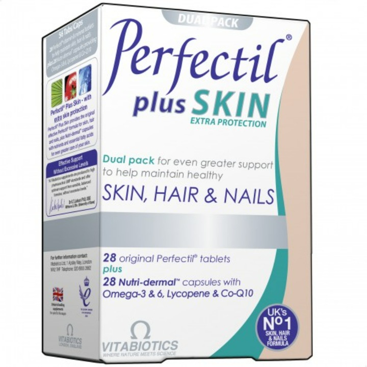 Perfectil Plus Skin, Vitabiotics, Formula completa pentru par, unghii si piele, 2 x 28 tablete
