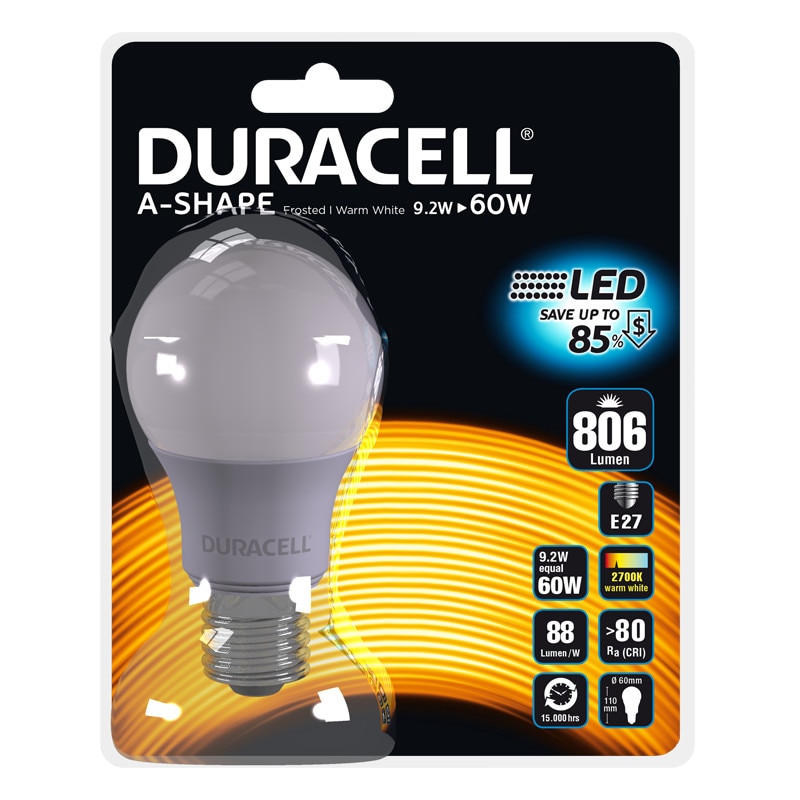 Bec LED Duracell glob, mat, E27, 9.2W echivalent 60W, 15.000 ore, lumina calda, blister