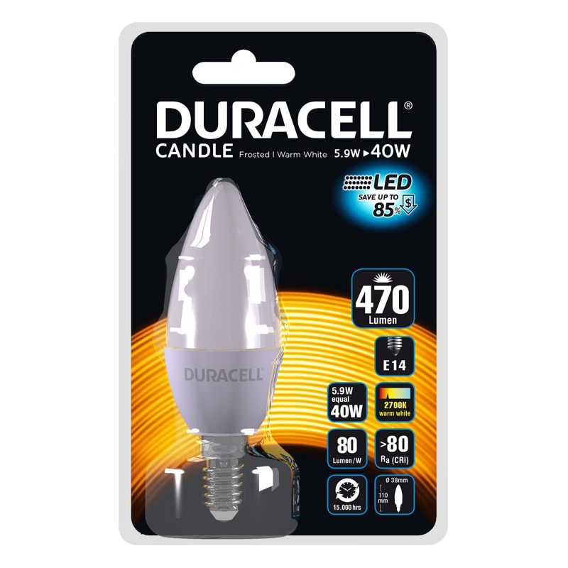 Bec LED Duracell lumanare, mat, E14, 5.4W echivalent 40W, 15.000 ore, lumina calda, blister