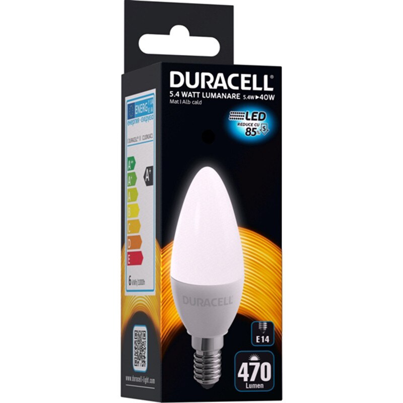 Bec LED Duracell lumanare, mat, E14, 5.9W echivalent 40W, 15.000 ore, lumina calda, cutie