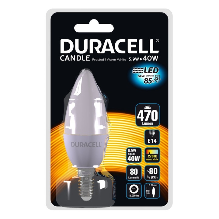Duracell LED крушка тип свещ, матова, E14, 5,4 W, еквивалентна на 40 W, 15 000 часа, топла светлина, блистер