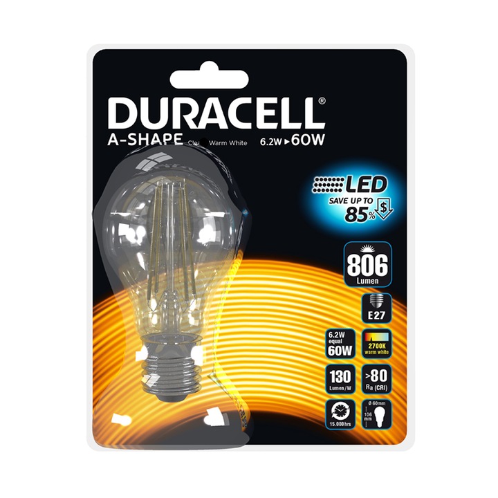 Bec LED Duracell glob, transparent, E27, 6.2W echivalent 60W, 15.000 ore, lumina calda, blister