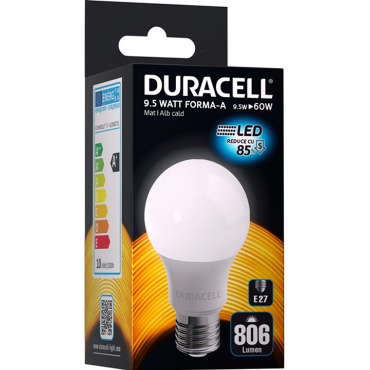 Bec LED Duracell glob, mat, E27, 9.5W echivalent 60W, 15.000 ore, lumina calda, cutie