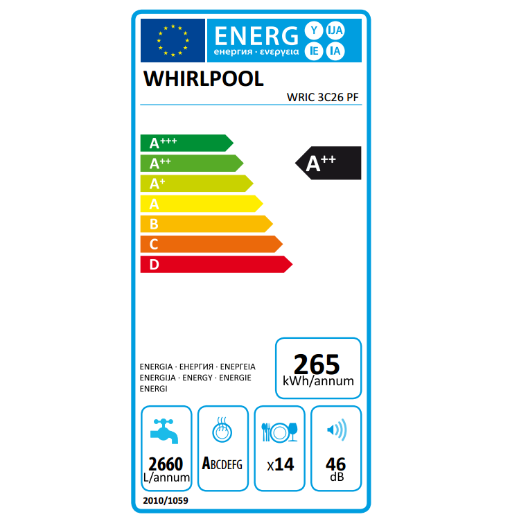 Masina de spalat vase incorporabila Whirlpool WIC3C26F, 14 seturi, 8 programe, Clasa A++, 60 cm, argintiu