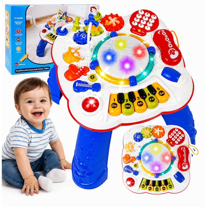 SOLTOY® Building Game Table интерактивна маса за дейности за бебета с музикален барабан, клавиши на пиано, зъбни колела, звуци и светлини