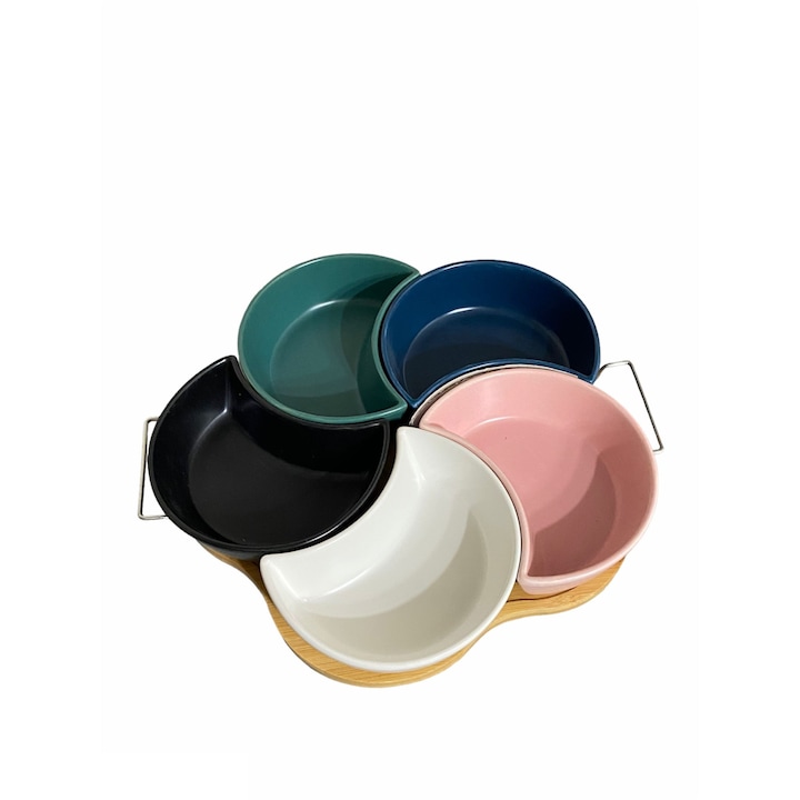 Set aperitive din ceramica, 5 boluri, 1 platou de lemn, multicolor, 29x29x6.5cm