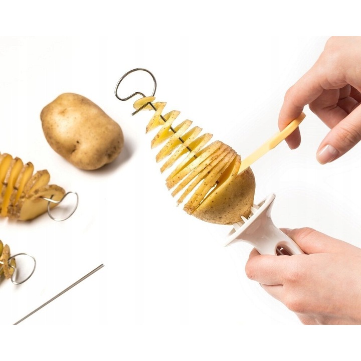 Set Taietor De Cartofi In Spirala, Maner, Cutit, Patru Pini Metalici, Material Plastic, Otel Inoxidabil, Usor Si Sigur De Utilizat, Transforma Un Cartof Obisnuit In Spirale De Cartofi, 24 cm x 6.5 cm x 4 cm