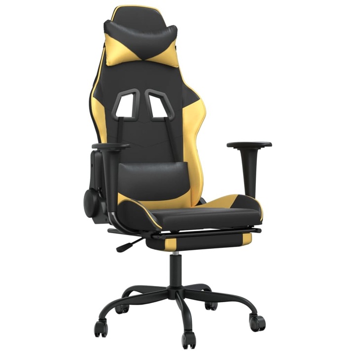 Scaun de gaming cu masaj suport picioare vidaXL, negru auriu, piele eco, 66 x 56 x 120,5-131 cm, 14.95 kg