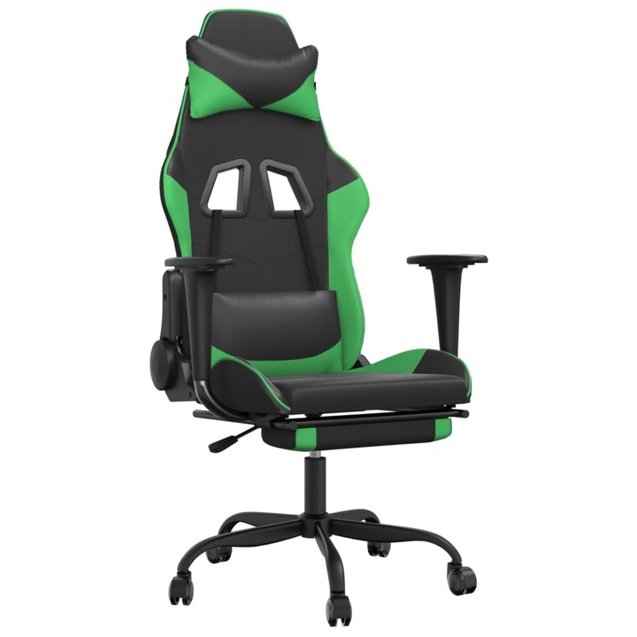 Scaun de gaming cu suport picioare negru/verde vidaXL, piele ecologica, 14.95 kg