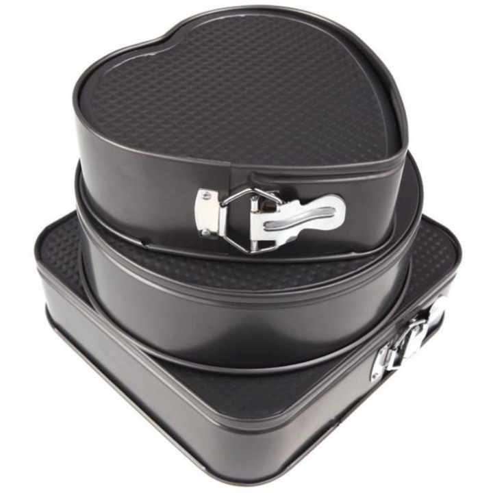 Set x 3 tavi tort inima, patrat, rotund, baza detasabila, dimensiune 22 cm, 24 cm, 26 cm, Negru
