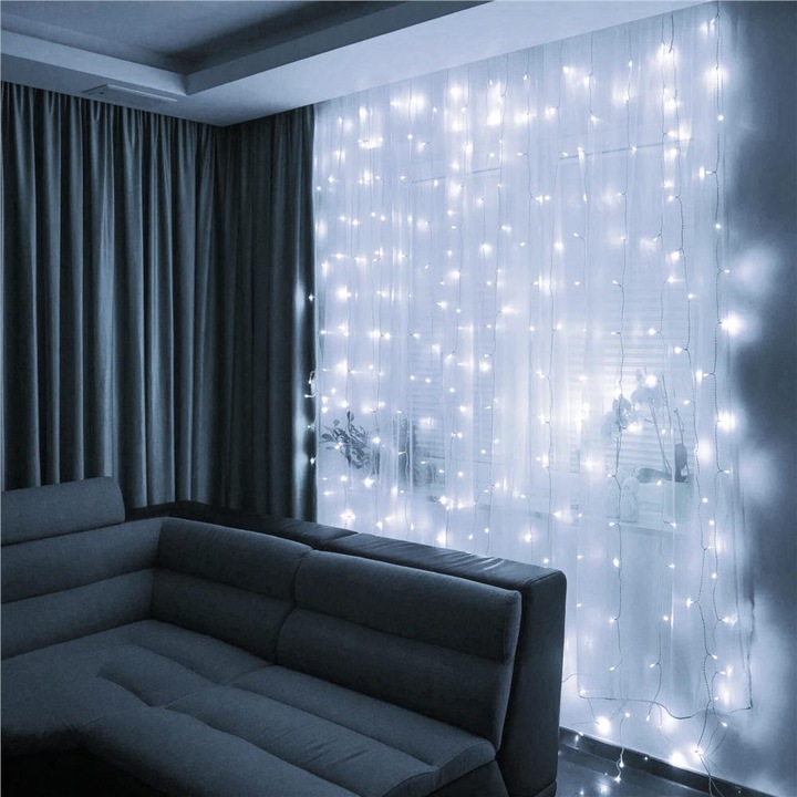 Ghirlanda luminoasa tip perdea 200 LED-uri, 2x2m, pentru interior, alimentare USB, alb