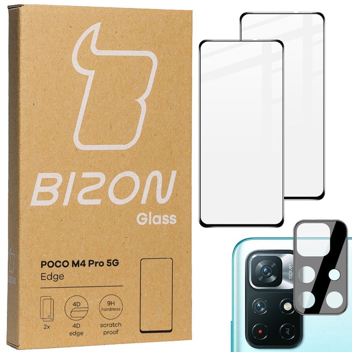 Комплект защитни фолиа за телефон, Bison, 2x Screen films/1x Camera film, Xiaomi Poco M4 Pro/Redmi Note 11S, Черно/Прозрачно