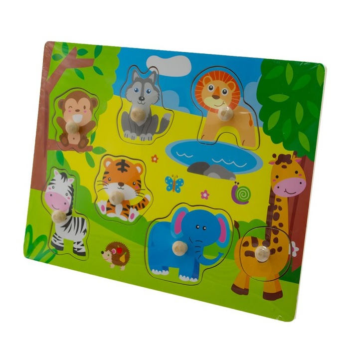 Пъзел с животни, EUROBABY ZABAWK, 30x22,5 см, 18 месеца+, дърво, многоцветен