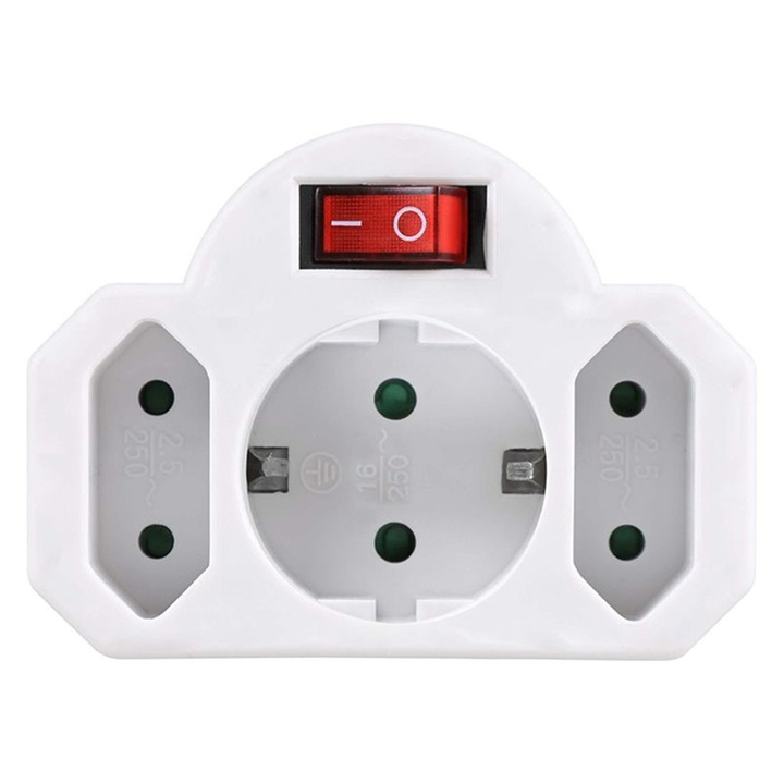 Adaptor priza, Sonora, 3500 W, 16 A, 250 V, 3 prize, Intrerupator on/off, Alb
