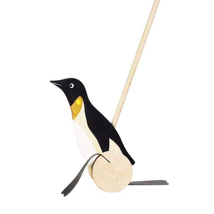 Jucarie pentru impingere pinguin, Goki, Lemn, 18 luni+, Multicolor