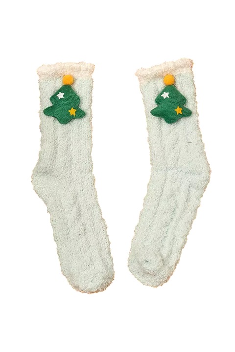 Sosete dama, calduroase, moi, accesorizate cu tematica de Craciun, M2, marime universala, verde menta cu brad, EFAYN