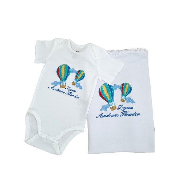 Set Personalizat Paturica Si Body, Balon Cu Aer Cald, Alb, Bumbac 100% ...